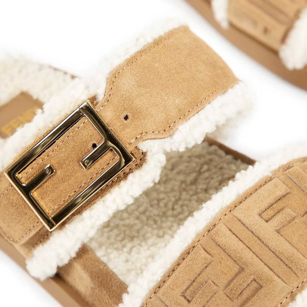 FENDI Feel FF logo shearling lined suede leather slides sandals - Picture 5 of 8